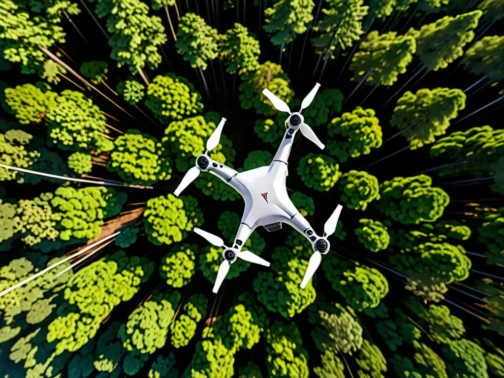 Dron de vigilancia avanzada sobrevolando bosque denso Avanzado dron de vigilancia sobrevuela frondoso bosque, destacando cooperación internacional contra tráfico de especies