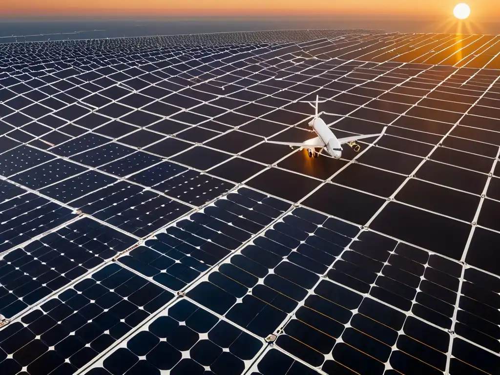 Avión comercial vuela sobre paneles solares al atardecer, simbolizando la reducción de emisiones de aviación según acuerdo global