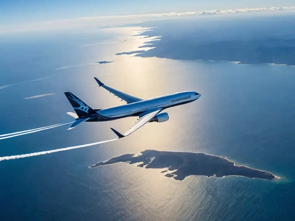 Un avión comercial surca el vasto océano azul, dejando estelas blancas