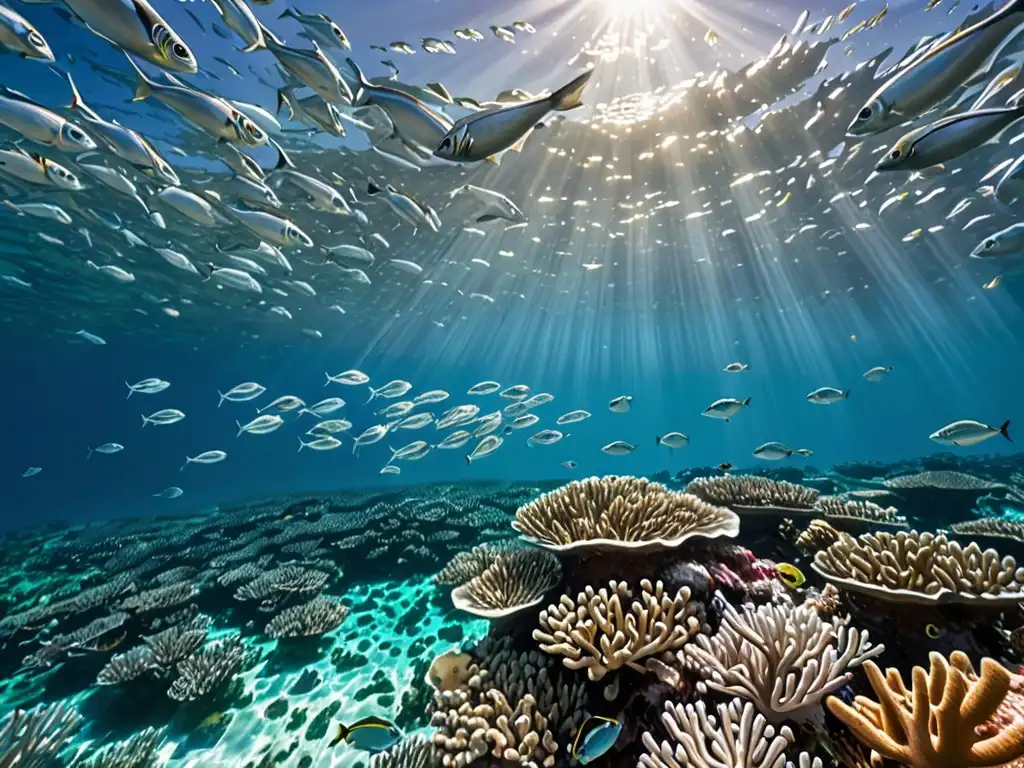 Un banco de peces plateados nada entre aguas turquesas cristalinas, rodeado de arrecifes de coral vibrantes y luz solar