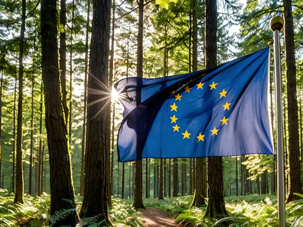 Bandera de la Unión Europea ondeando suavemente en un bosque exuberante, con el emblema y estrellas claramente visibles