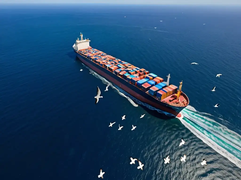 Un barco de carga surca el vasto océano azul, rodeado de gaviotas