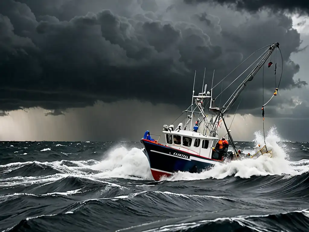 Un barco pesquero navega en aguas turbulentas con tripulación trabajando en condiciones climáticas adversas