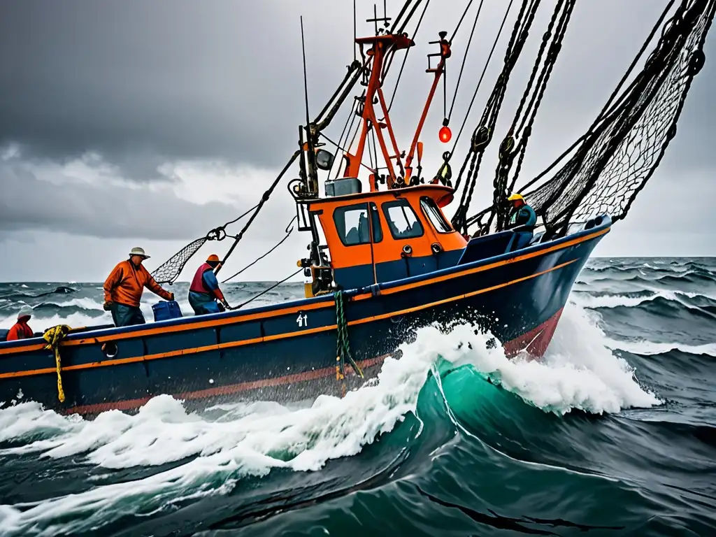 Un barco pesquero en alta mar, con la tripulación recogiendo una red llena de peces