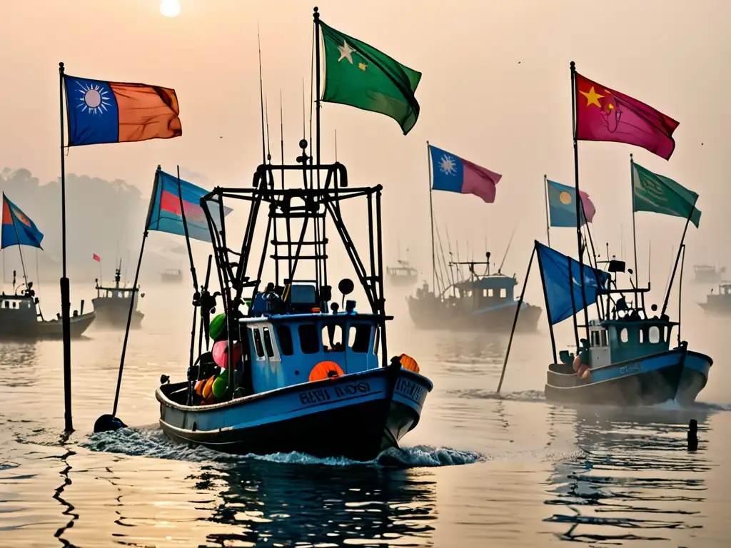 Barco pesquero en la neblina matutina, rodeado de otros barcos, con banderas coloridas y equipo de pesca