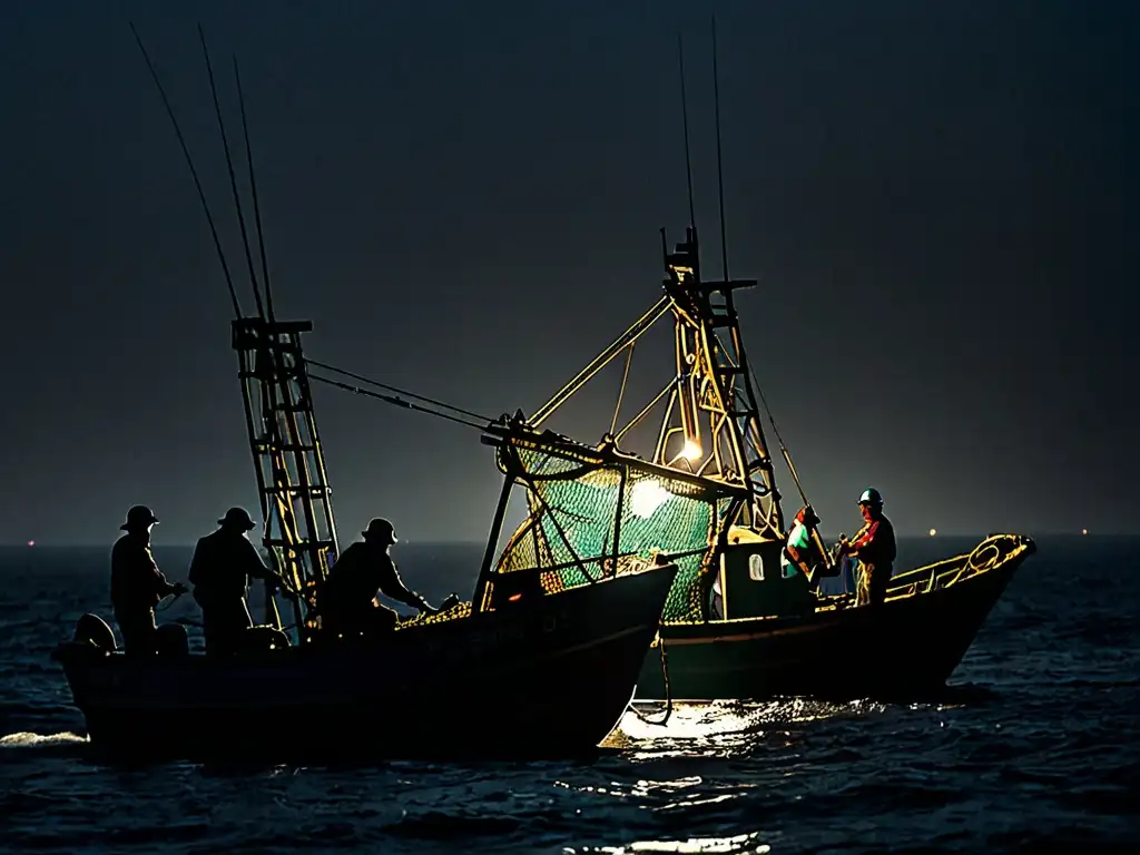 Un barco pesquero en la oscuridad con luces industriales, trabajadores y un vasto océano estrellado