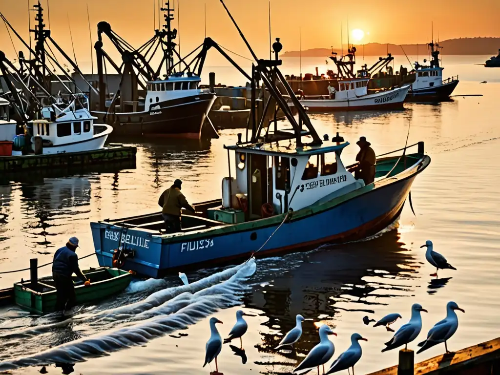 Un barco pesquero regresa al puerto al atardecer, pescadores descargan su captura mientras gaviotas revolotean