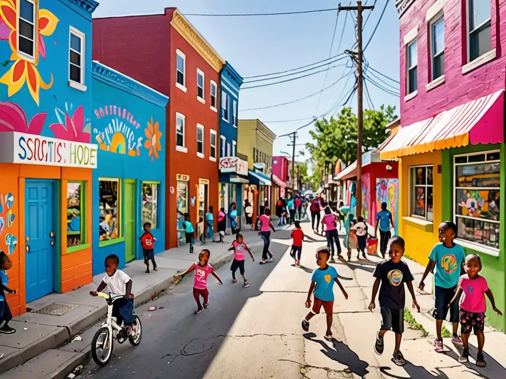 Barrio marginal con murales coloridos, niños jugando, y actividades comunitarias, mostrando la vitalidad y esperanza para el desarrollo sostenible