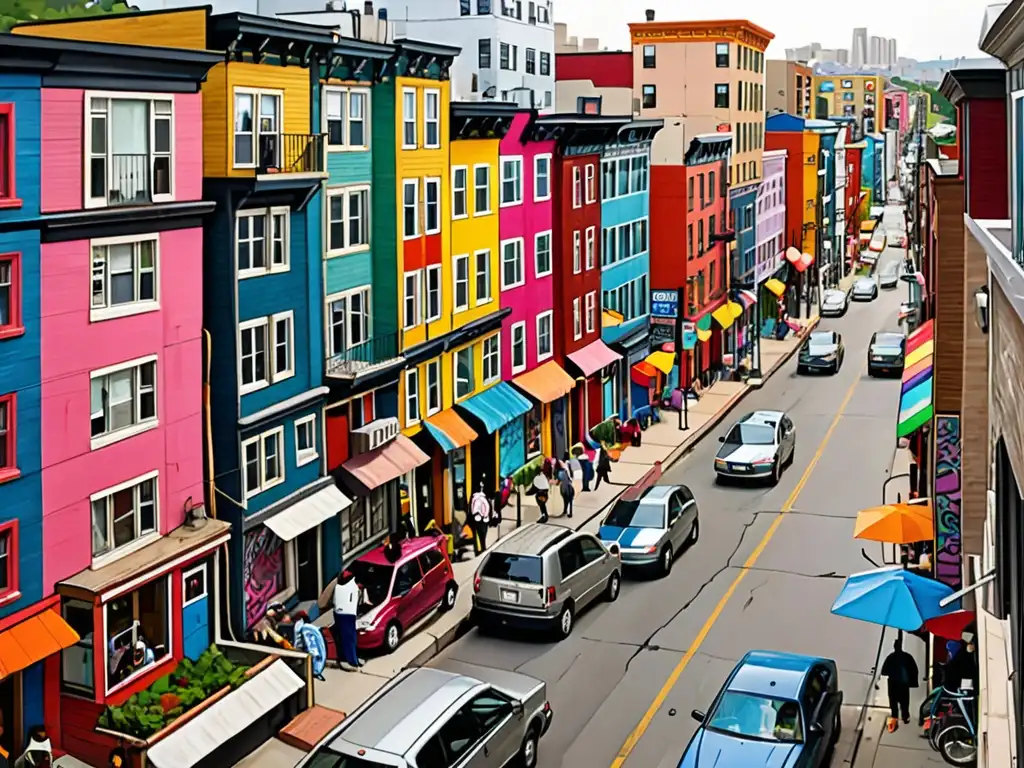 Barrio urbano vibrante con casas coloridas y calles estrechas