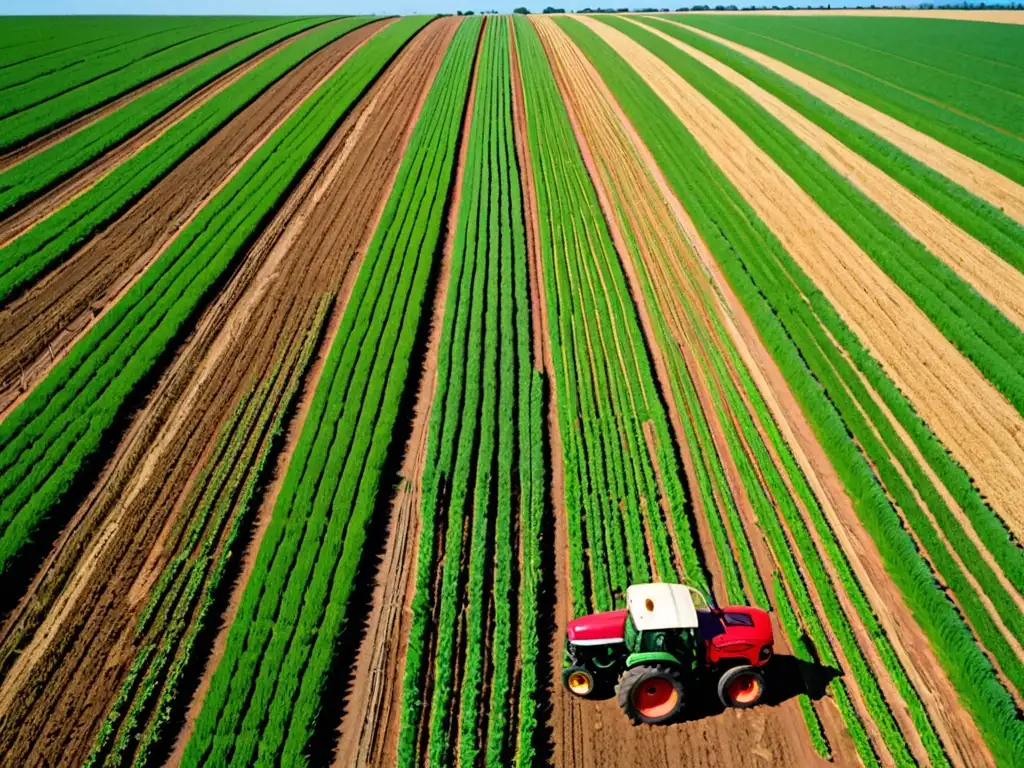 Bello paisaje agrícola con cultivos verdes y un agricultor inspeccionando las plantas