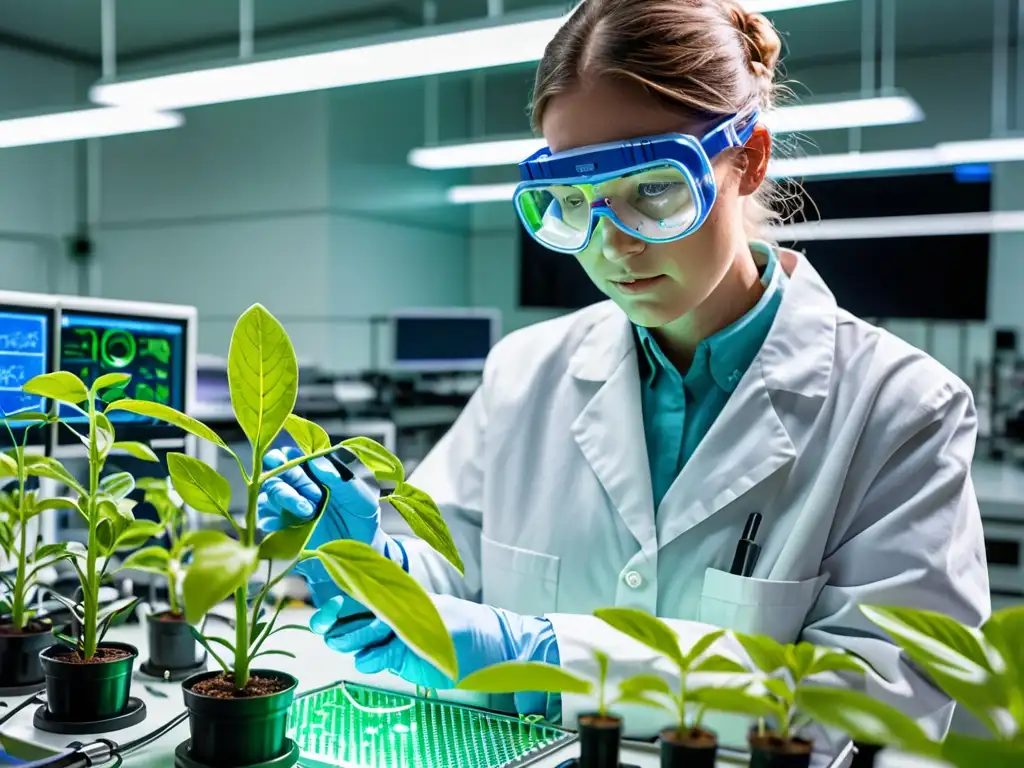 Biotecnología para protección de especies: Científico cuida planta modificada en laboratorio de alta tecnología