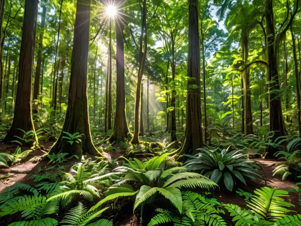 Un bosque antiguo exuberante con árboles imponentes y una diversidad de vida