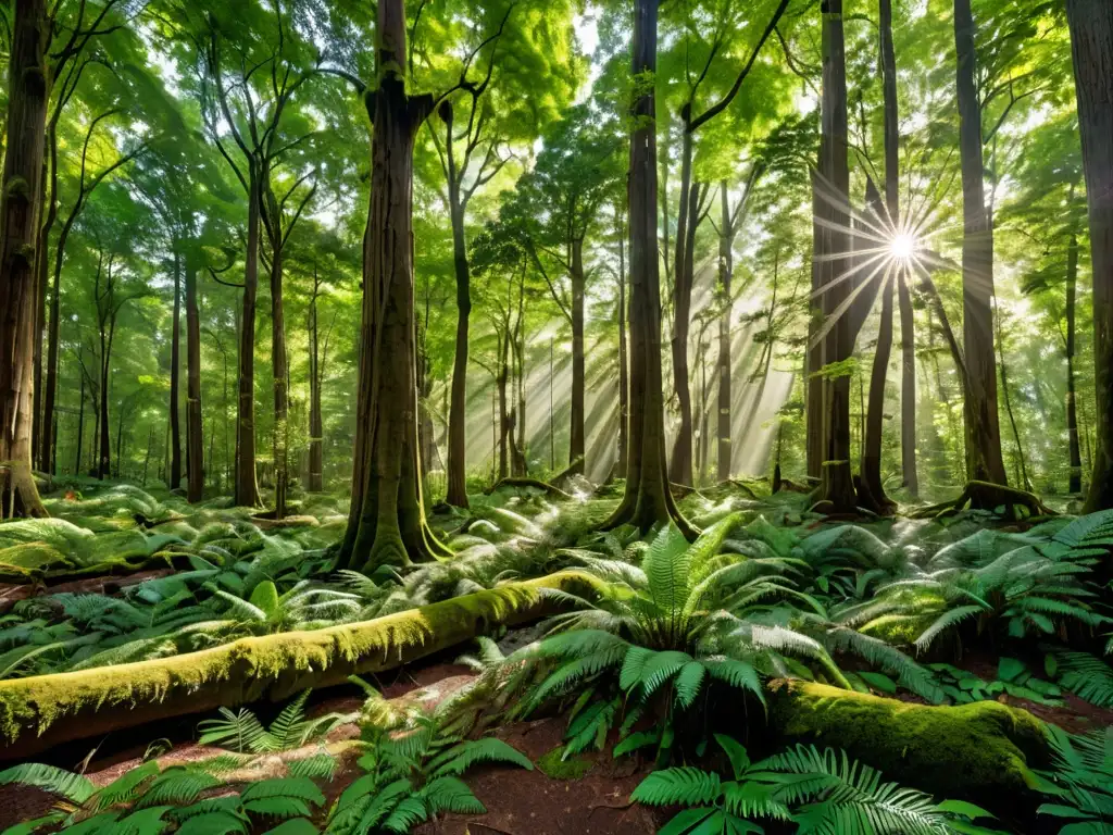 Un bosque antiguo y exuberante con árboles imponentes y diversa vida vegetal