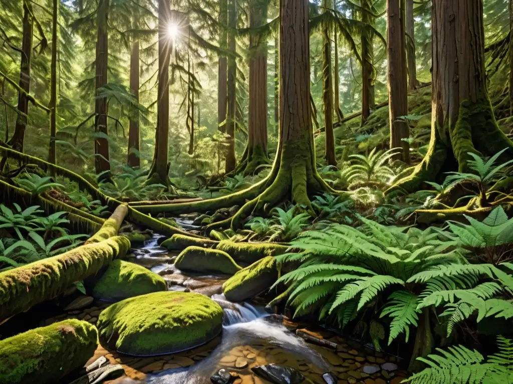 Un bosque antiguo majestuoso, con árboles imponentes y exuberante vegetación, refleja la importancia de la ética en la aplicación de leyes ambientales