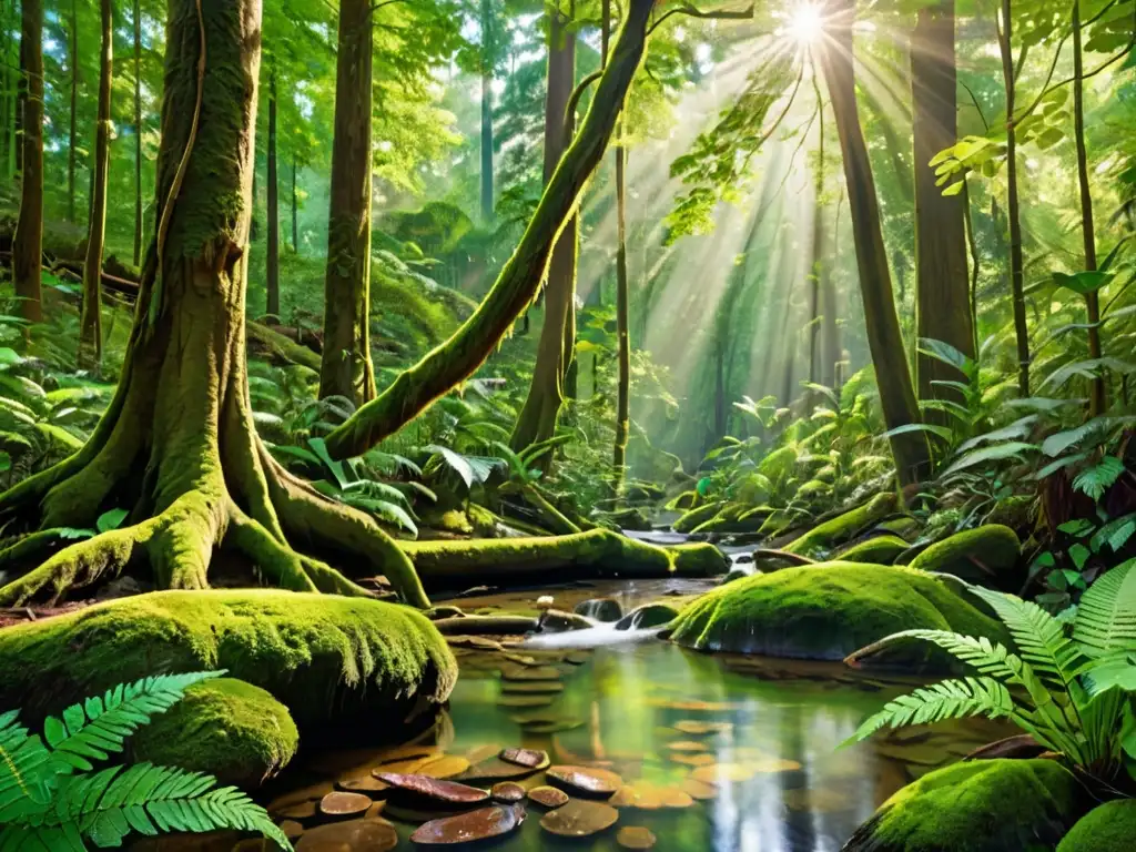 Un bosque antiguo, sereno y vibrante con un arroyo cristalino, reflejando la exuberante vegetación