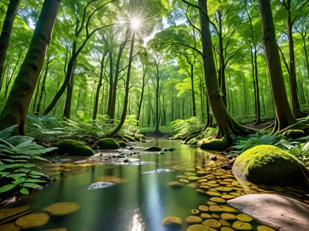 Un bosque virgen, con árboles altos y frondosos, luz del sol filtrándose entre las hojas, un arroyo cristalino y diversa fauna