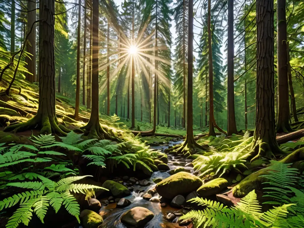 Bosque de ensueño: prevención de incendios Un bosque denso de altos árboles perennes, con un dosel frondoso que filtra rayos de luz dorada