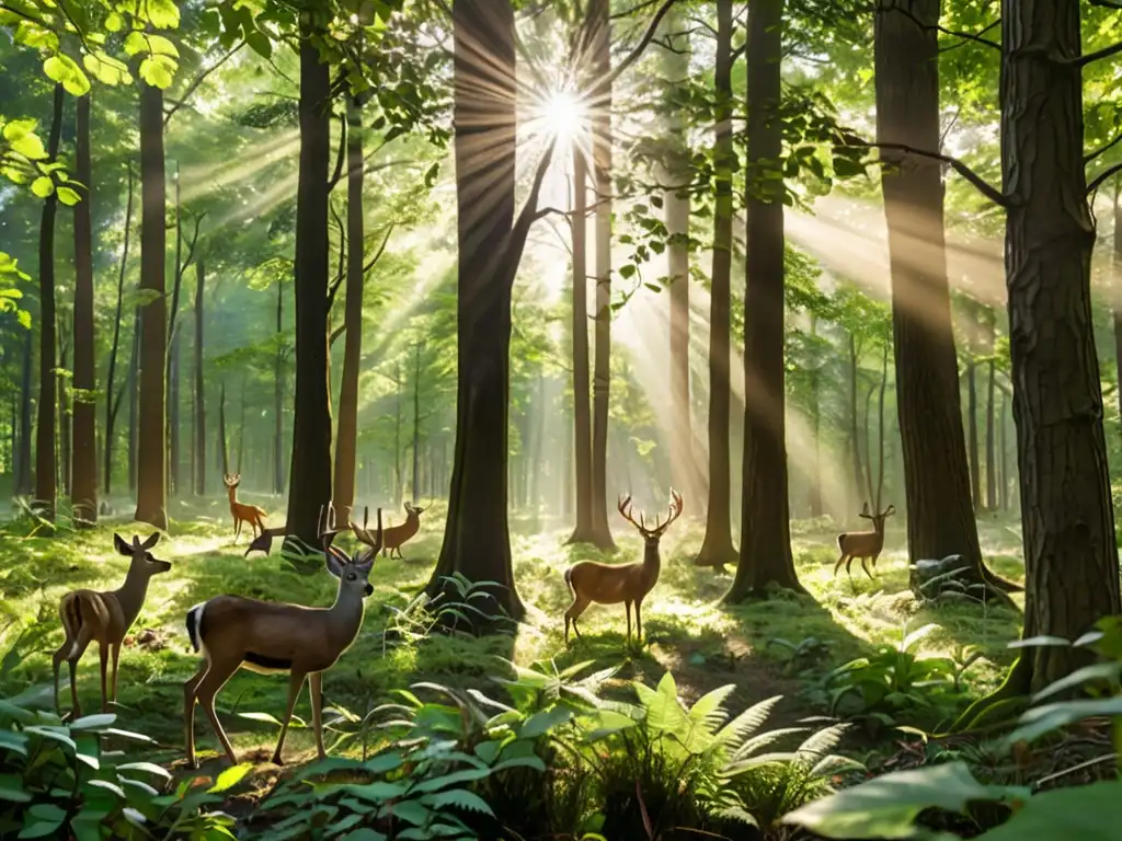 Un bosque denso con rayos de sol filtrándose entre las hojas, mostrando diversa vida silvestre