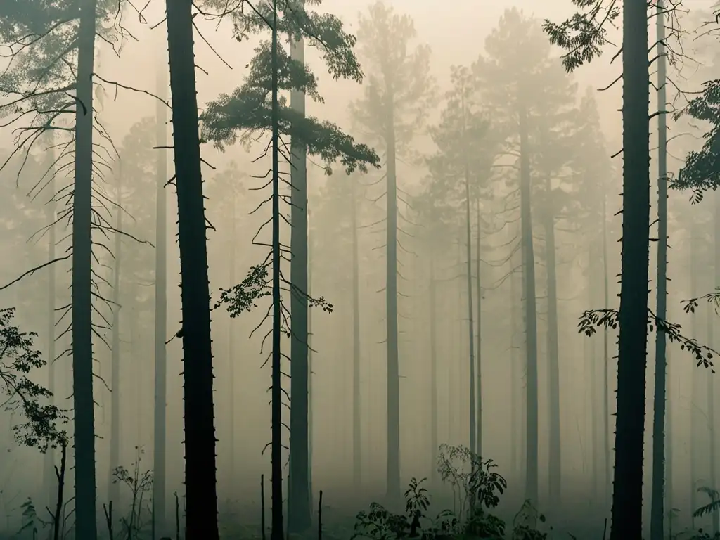 Un bosque envuelto en densa niebla, transmitiendo urgencia por el Acuerdo Marco ASEAN Haze Transfronterizo