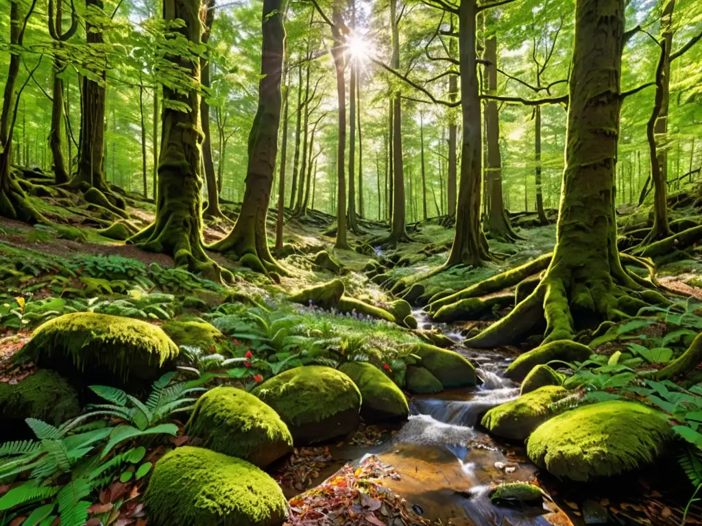 Un bosque europeo denso y diverso, con rayos de sol iluminando el follaje verde vibrante