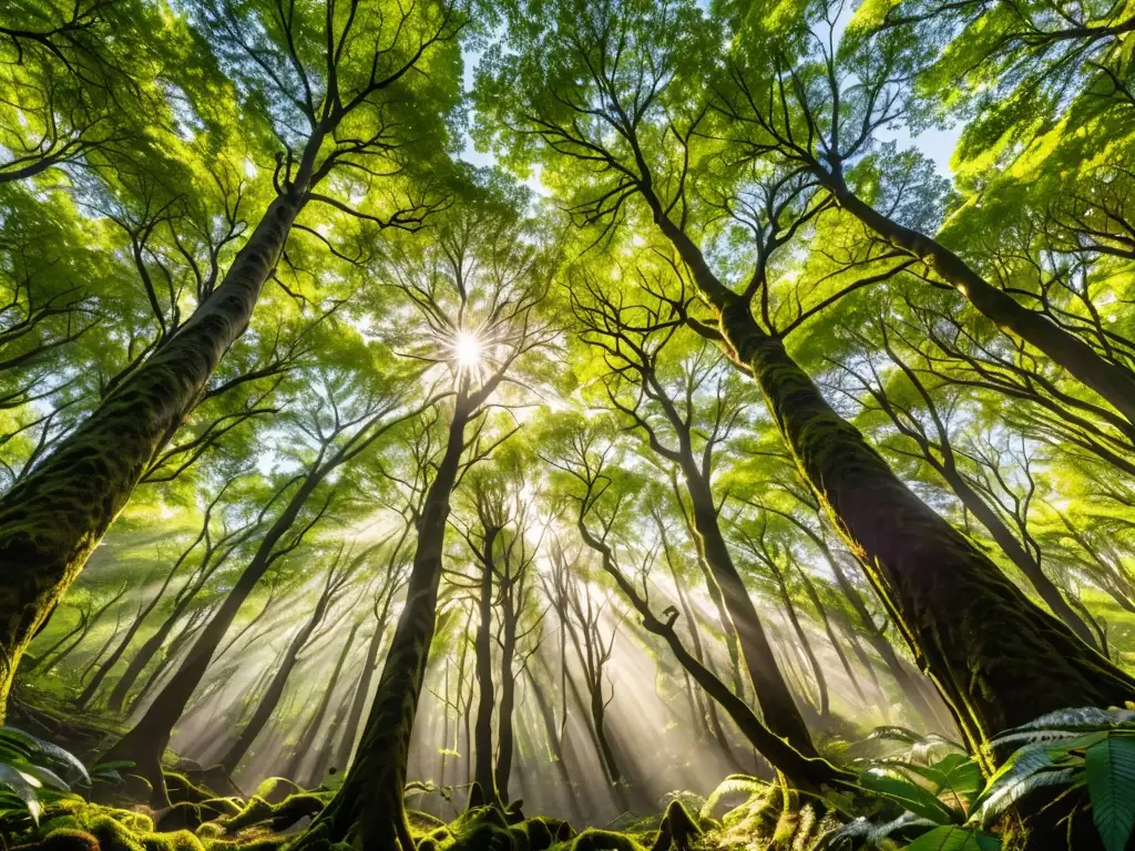 Bosque europeo diverso, con aves y luz solar