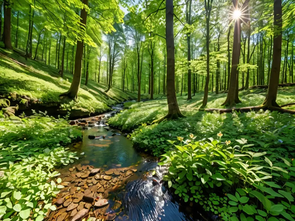 Un bosque europeo exuberante con árboles verdes, arroyo y diversa flora y fauna