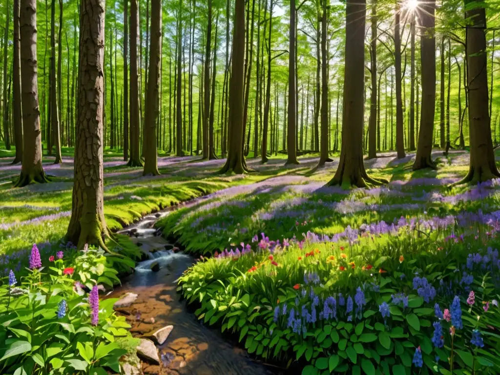 Un bosque europeo exuberante, con árboles altos, flores silvestres y luz filtrada