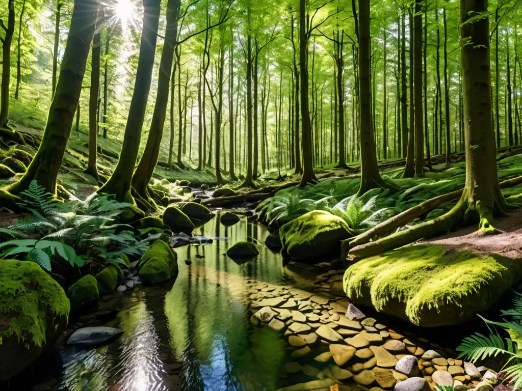 Un bosque europeo exuberante y biodiverso con luz solar filtrándose entre los árboles