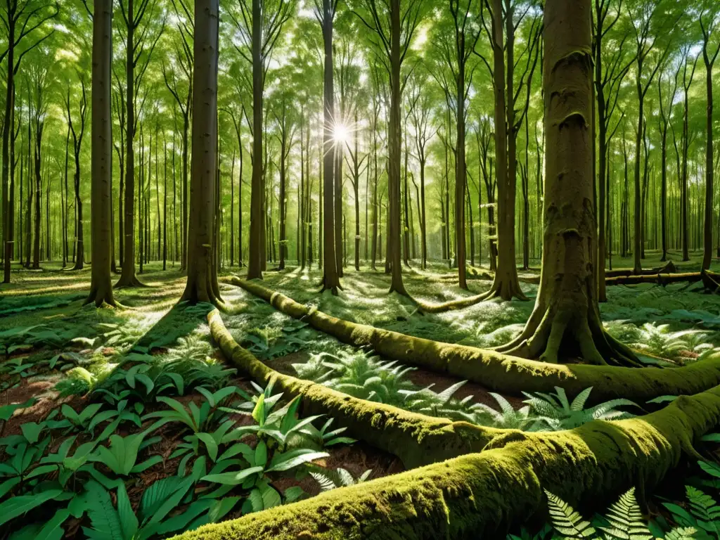 Un bosque europeo exuberante con luz solar filtrándose a través del dosel, creando sombras moteadas en el suelo del bosque