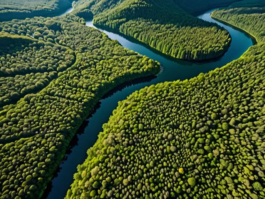 Un bosque europeo exuberante y verde se extiende hasta donde alcanza la vista, con ríos serpenteantes y lagos tranquilos