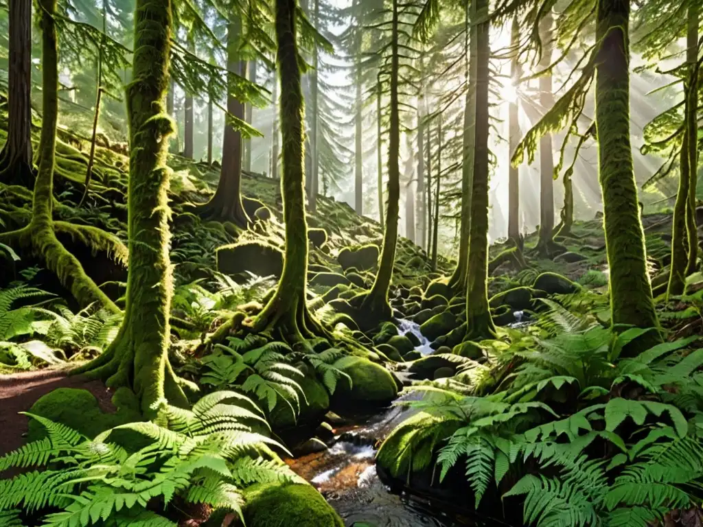 Un bosque exuberante con árboles altos, luz solar entre las hojas, un arroyo y montañas misteriosas