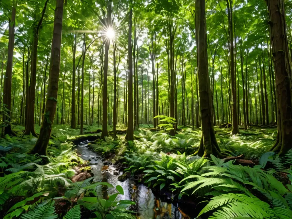 Un bosque exuberante con árboles altos y luz filtrándose