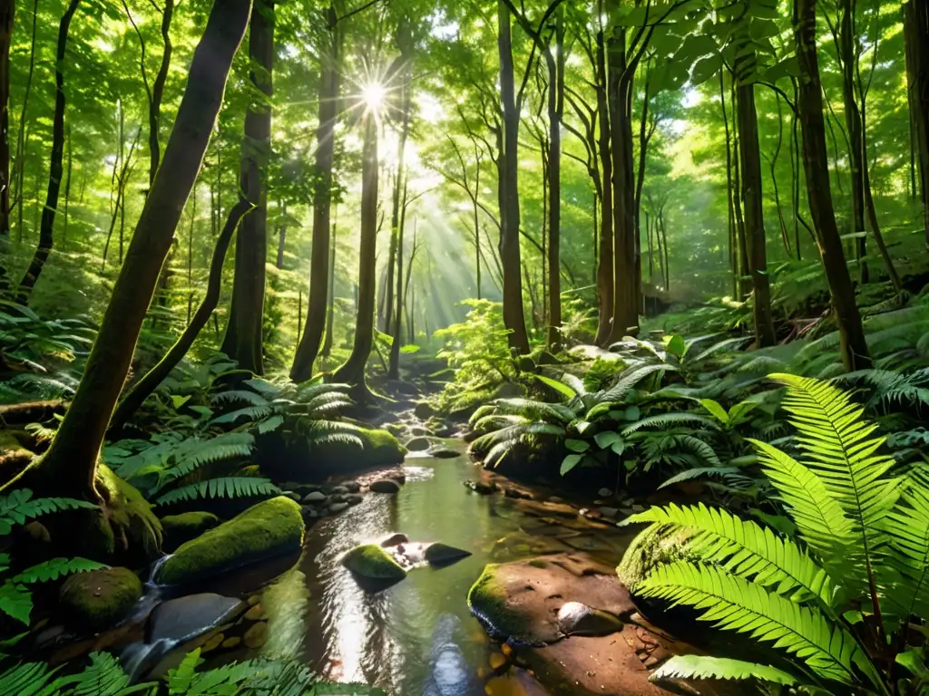 Bosque exuberante con árboles altos, follaje vibrante y diversa vida silvestre