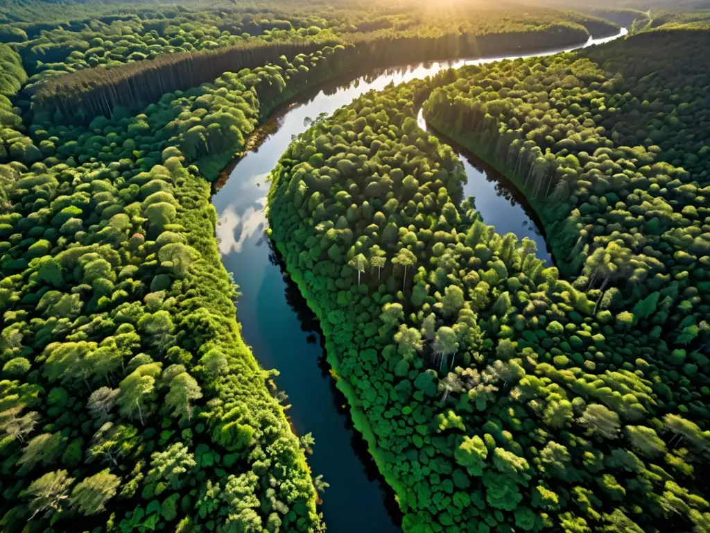 Un bosque exuberante con árboles altos y un río serpenteante