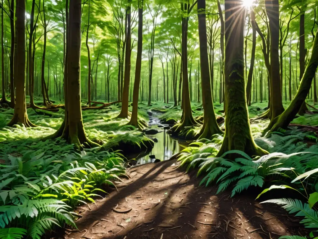 Bosque exuberante con árboles altos y vegetación densa, luz solar filtrándose entre las hojas creando un efecto moteado en el suelo