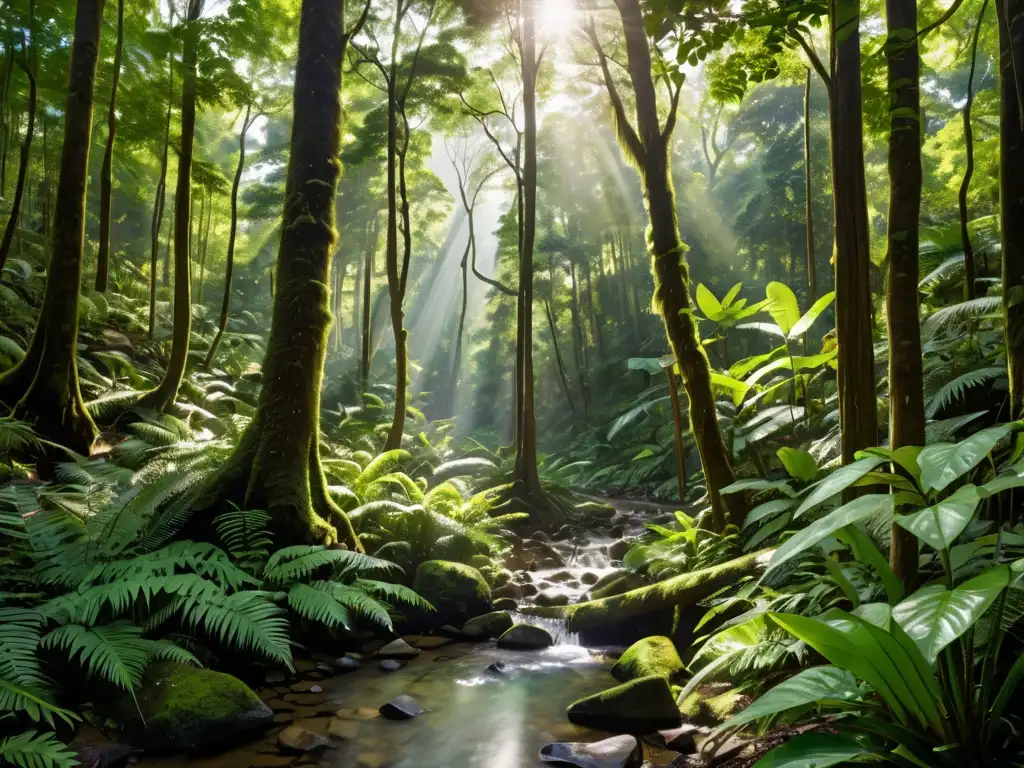 Un bosque exuberante, con árboles imponentes y una variedad de plantas