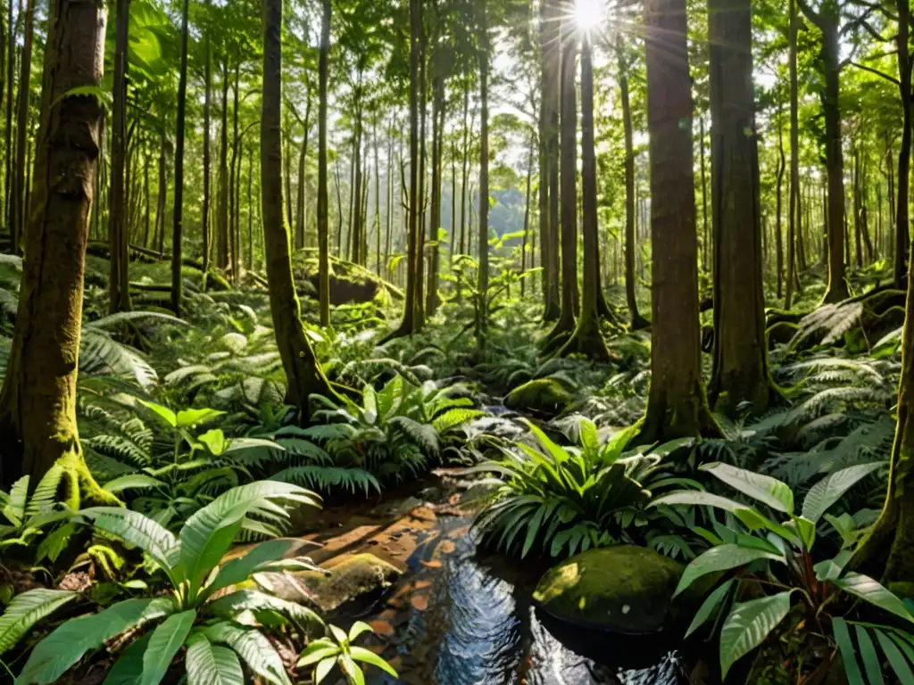 Un bosque exuberante y biodiverso con árboles altos, vegetación variada y un arroyo serpenteante