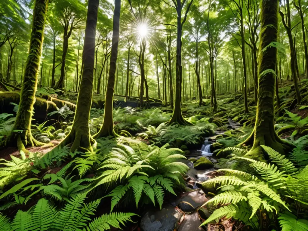 Un bosque exuberante y biodiverso, con árboles majestuosos y una vegetación vibrante