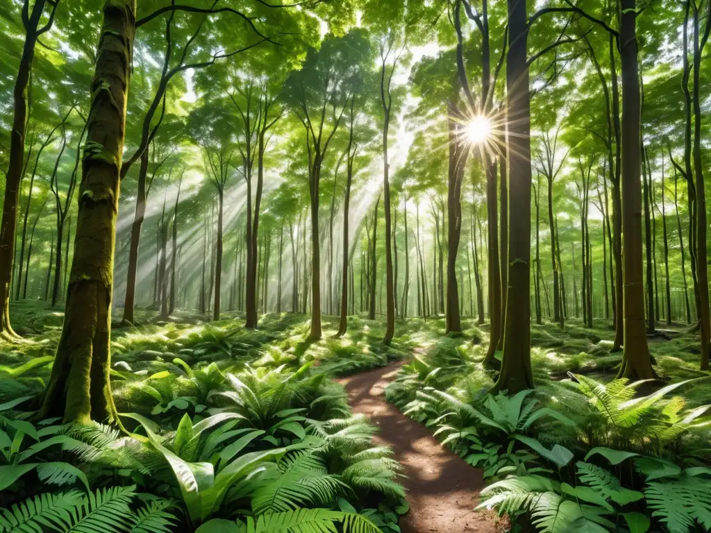 Un bosque exuberante y biodiverso con árboles altos y follaje vibrante, iluminado por el sol