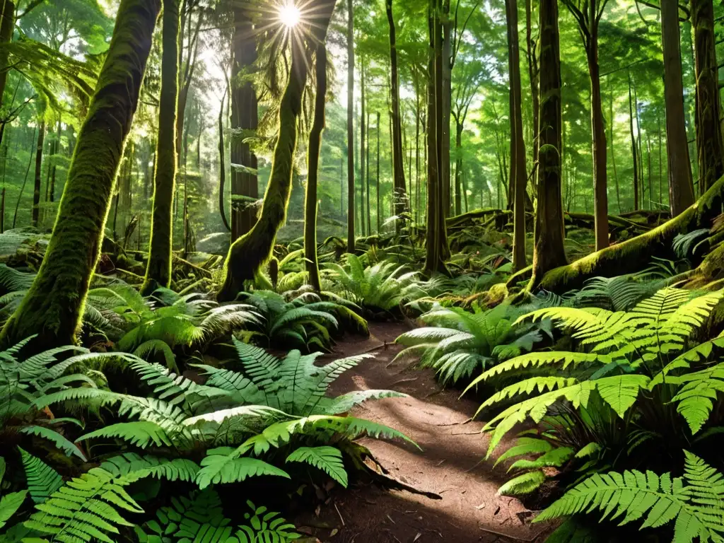 Un bosque exuberante y biodiverso, con árboles altos y variadas tonalidades de verde