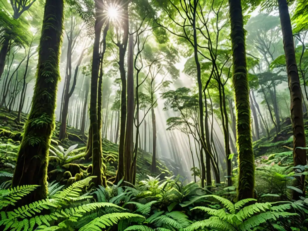 Un bosque exuberante y biodiverso en China, con árboles vibrantes y luz filtrándose entre las hojas