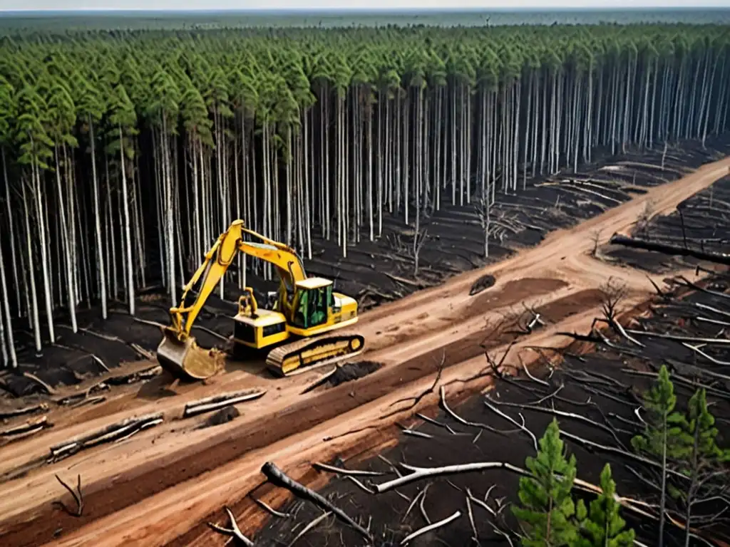 Un bosque exuberante convertido en un paisaje desolado con árboles derribados y un bulldozer inmóvil