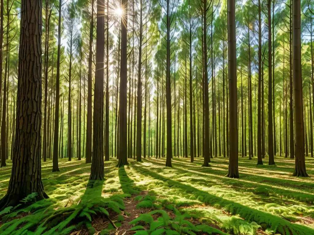 Un bosque exuberante y denso con árboles verdes altos, bañado por la luz dorada del sol