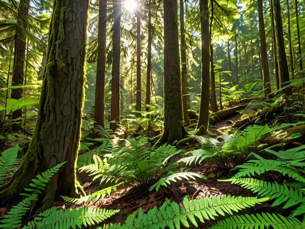 Un bosque exuberante y denso con árboles altos y follaje verde vibrante, bañado por la luz del sol