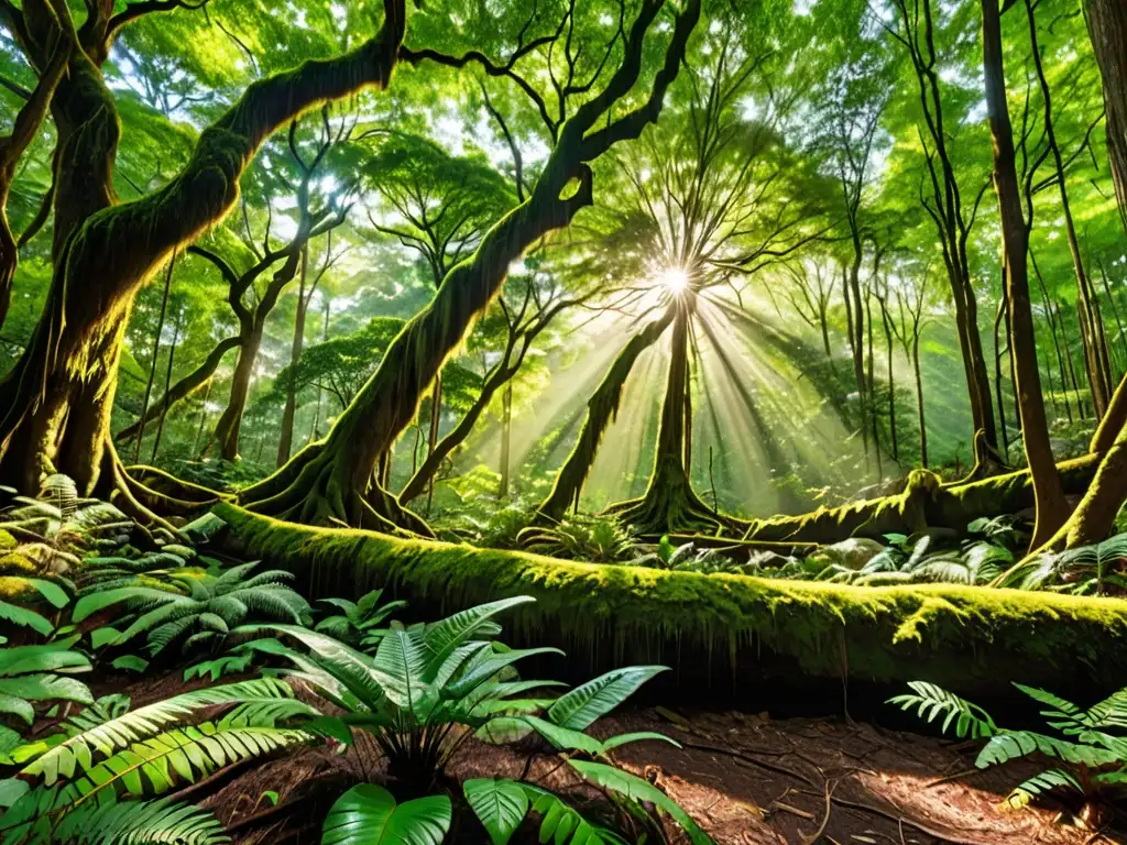 Un bosque exuberante y denso, con árboles imponentes y una diversidad de plantas