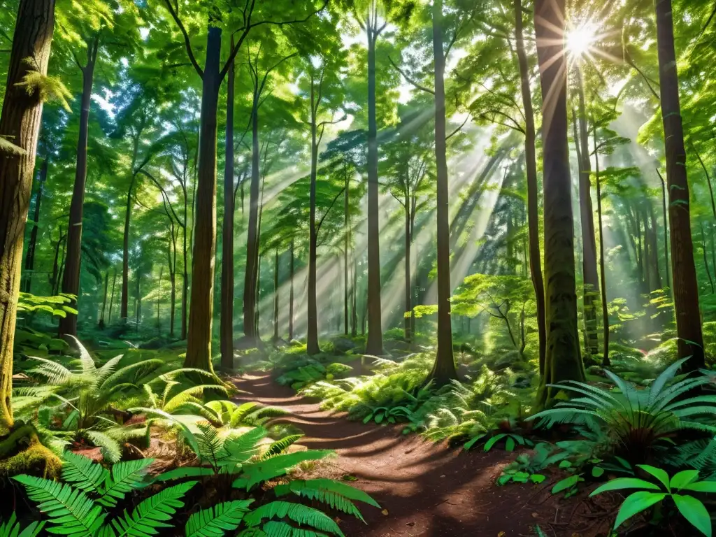 Un bosque exuberante y denso, lleno de árboles majestuosos, follaje verde vibrante y vida silvestre