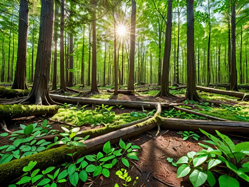 Un bosque exuberante y devastado por un desastre natural, con vegetación vibrante y señales de renovación