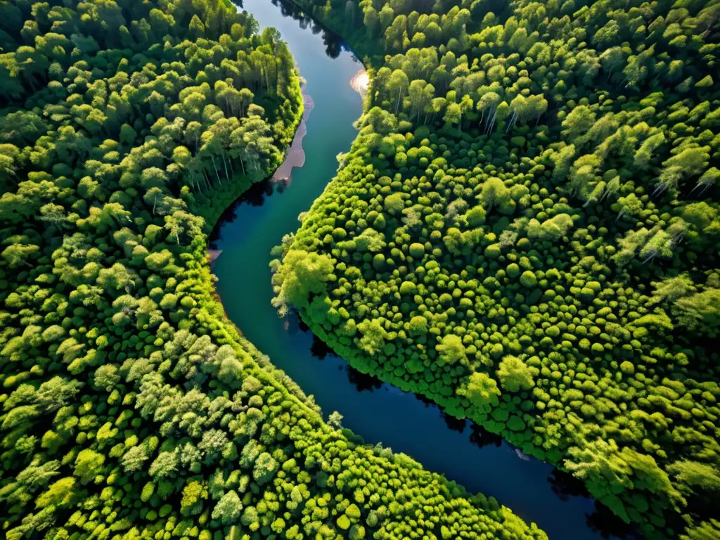 Un bosque exuberante con diversa vida silvestre, río serpenteante y luz filtrándose entre el dosel