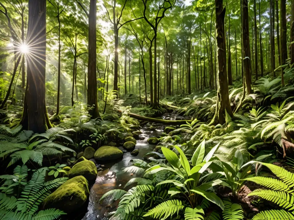 Un bosque exuberante con diversidad de flora y fauna, resaltando la interconexión del ecosistema