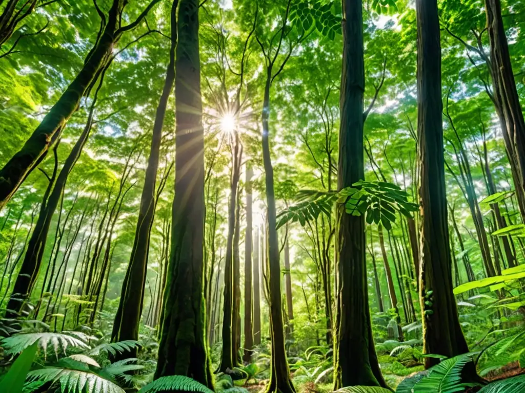 Un bosque exuberante y diverso, con árboles altos, follaje vibrante y luz solar filtrándose